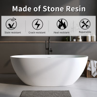 59'' Solid Surface Matte Tub, Solid Surface Soaking Tub, Stone Resin Freestanding Bathtub, Thick Edge Stand Alone Tubs With Overflow, Pop-up Drain, Matte White  Oval product 5