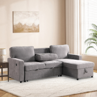 Upholstery Sleeper GREY Sectional Sofa With Storage Space, USB Port, 2 Cup Holders On Back Cushions product 4