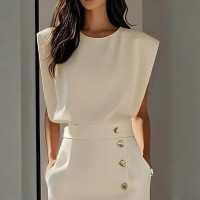 Women's Solid Color Round Neck Short Sleeve Dress With Side Slit, Button & Pockets - A-Line Cinched Waist Summer Casual Office Wear product 8
