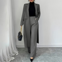 Women's 2 Piece Suit Set, Long Blazer Jacket And Straight Leg Pants, Business Formal Office Outfits For Work, NO Lining product 2
