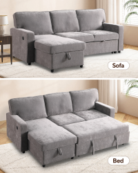 Upholstery Sleeper GREY Sectional Sofa With Storage Space, USB Port, 2 Cup Holders On Back Cushions product 8