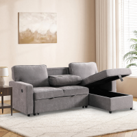 Upholstery Sleeper GREY Sectional Sofa With Storage Space, USB Port, 2 Cup Holders On Back Cushions product 9