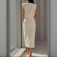 Women's Solid Color Round Neck Short Sleeve Dress With Side Slit, Button & Pockets - A-Line Cinched Waist Summer Casual Office Wear product 7