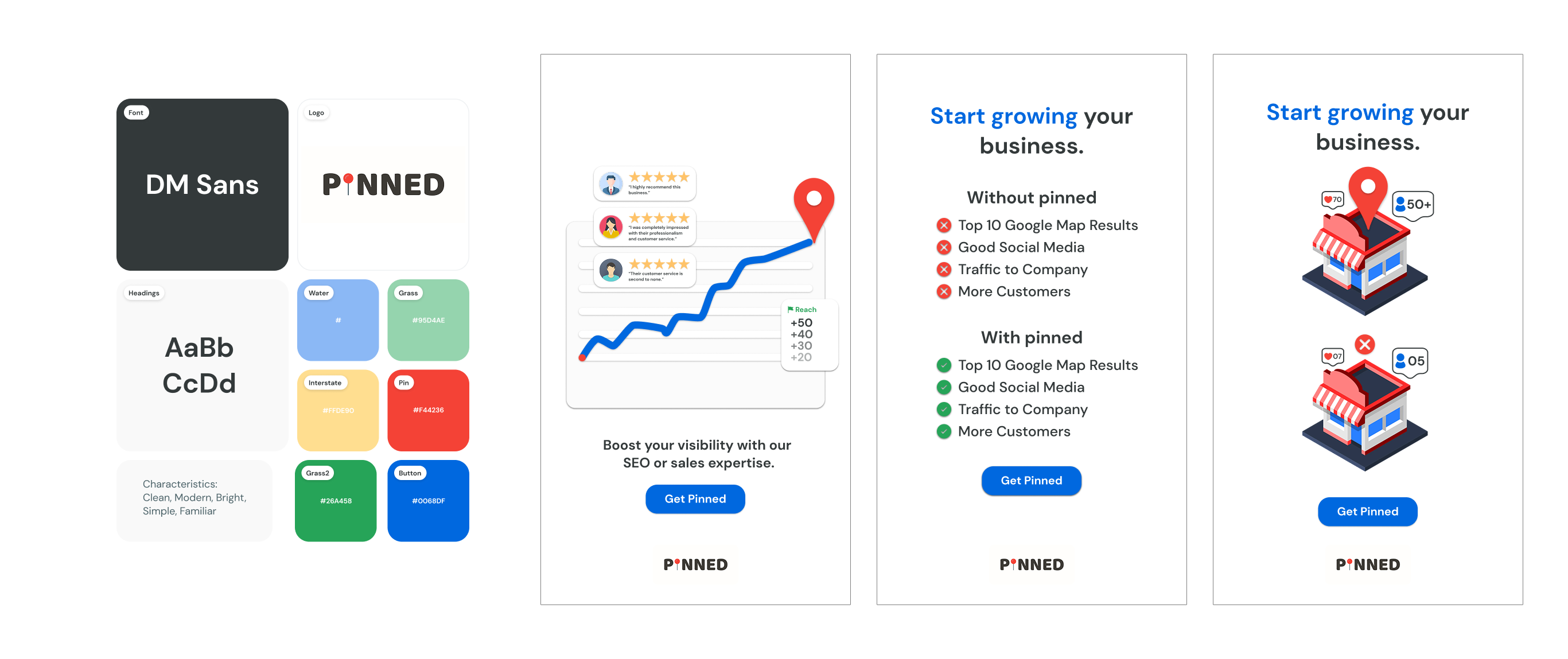Pinned campaign toolkit: DM Sans type system, colour palette and campaign screens