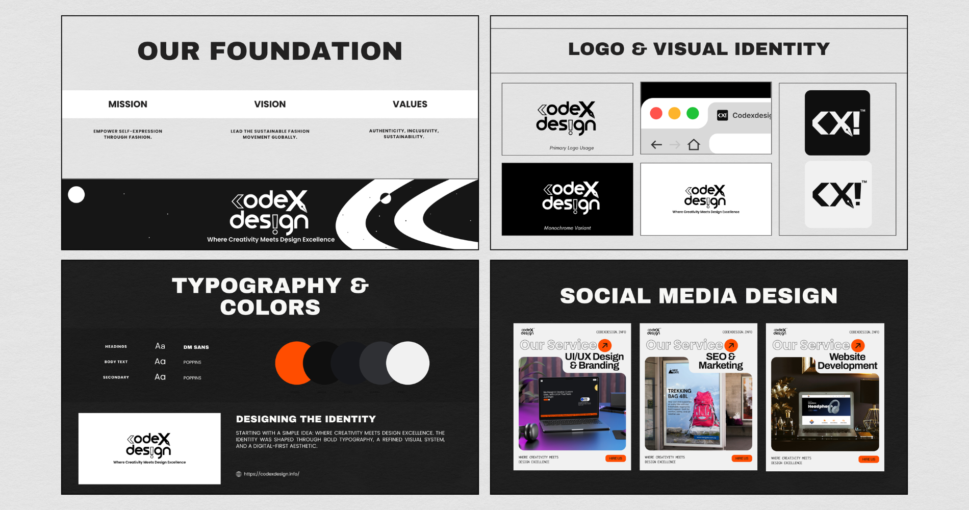 Codexdesign brand board: foundation, logo system, typography and social design