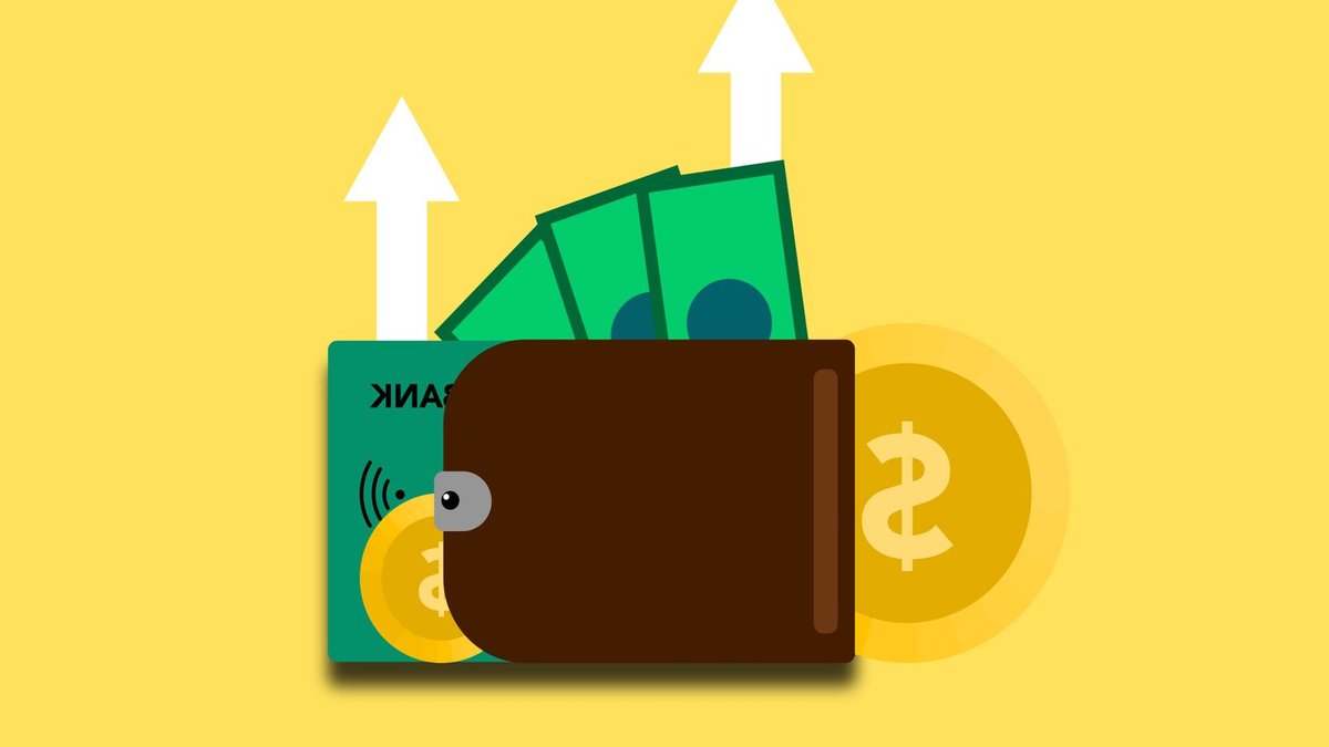 Banks overestimate bundling as loyalty strategy Illustration of wallet with money banknotes coins and bank card in wallet with arrows up showing income growth on yellow back