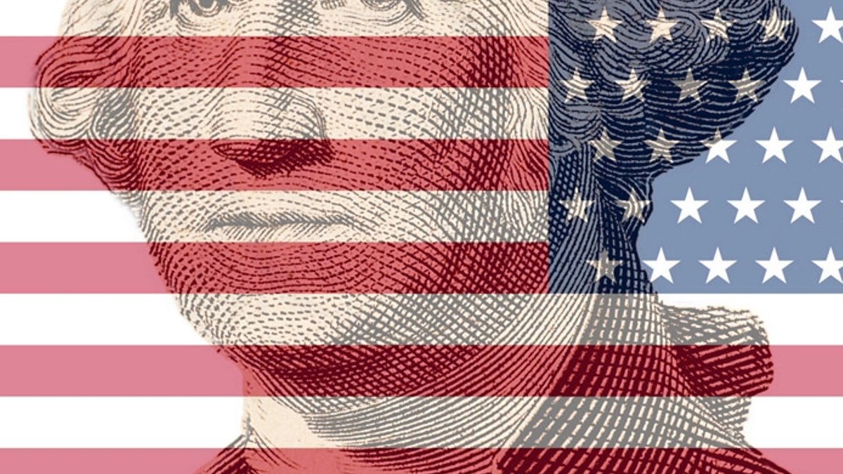 George Washington over a vintage American flag, representing his historic rules of civility.