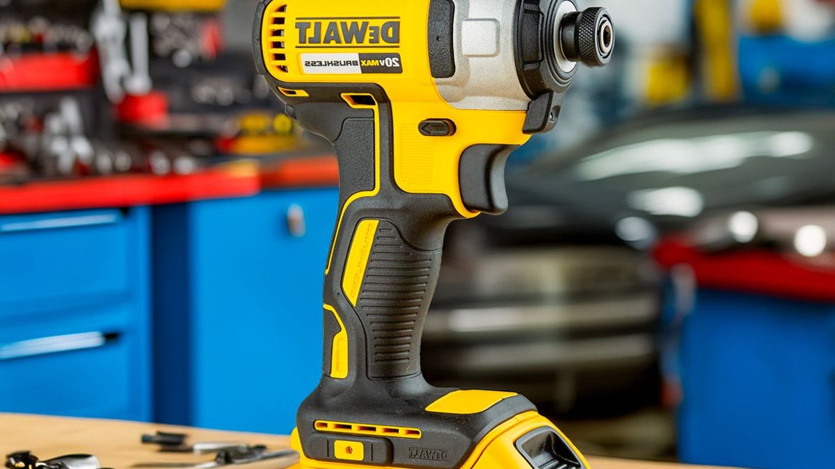 A DeWalt power drill in a well-equipped automotive workshop setting, ready for use.