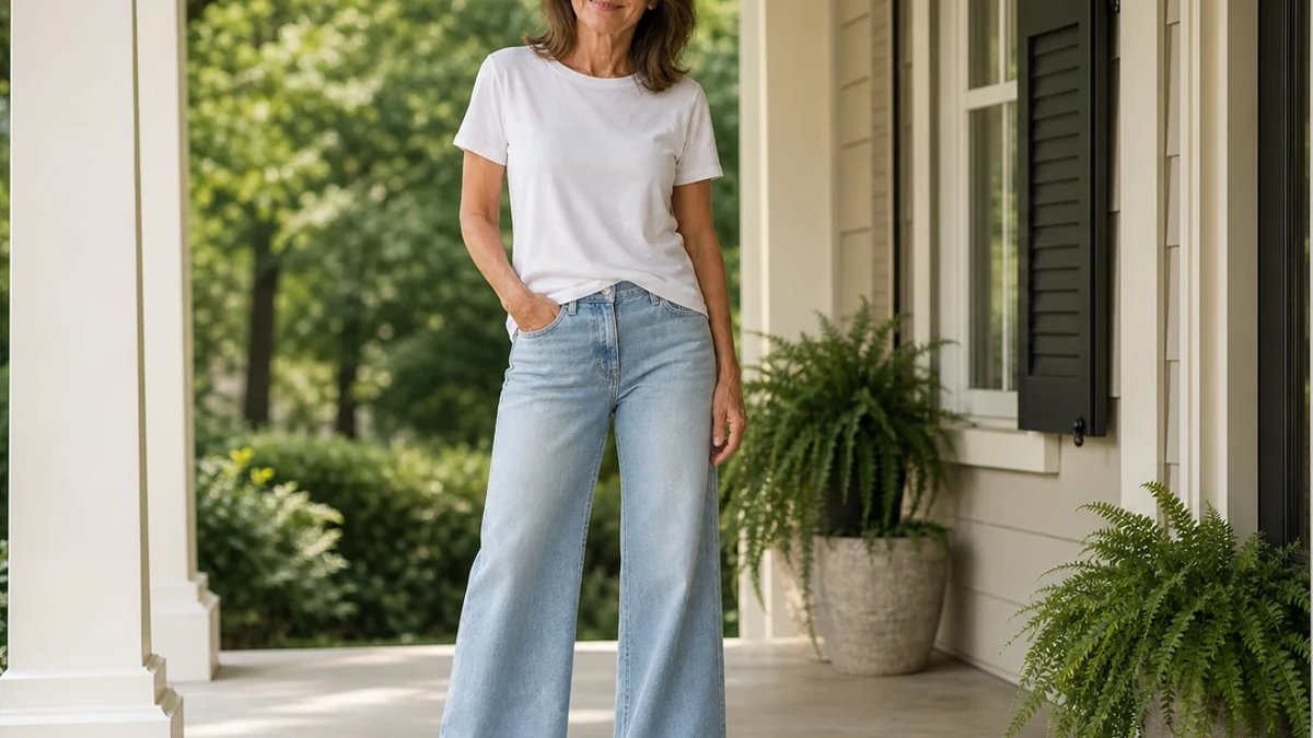 Wide leg jeans flatter women over 50 Wide leg jeans flatter women over 50 - wide leg jeans