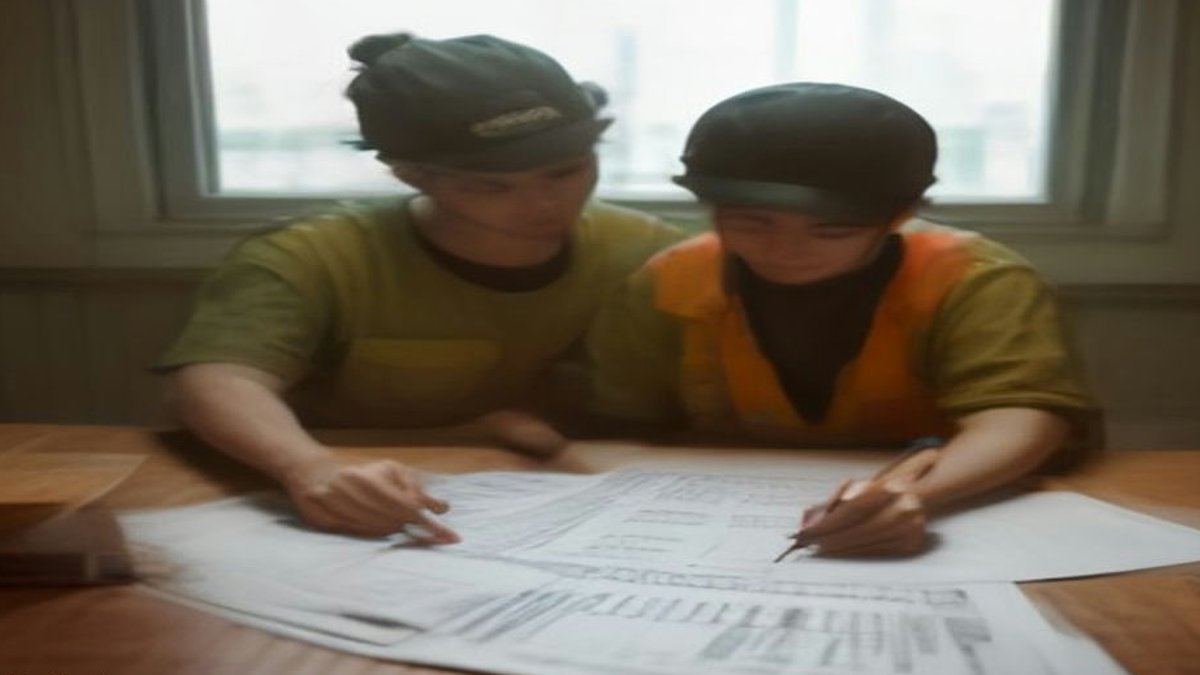 Construction workers reviewing house plans.