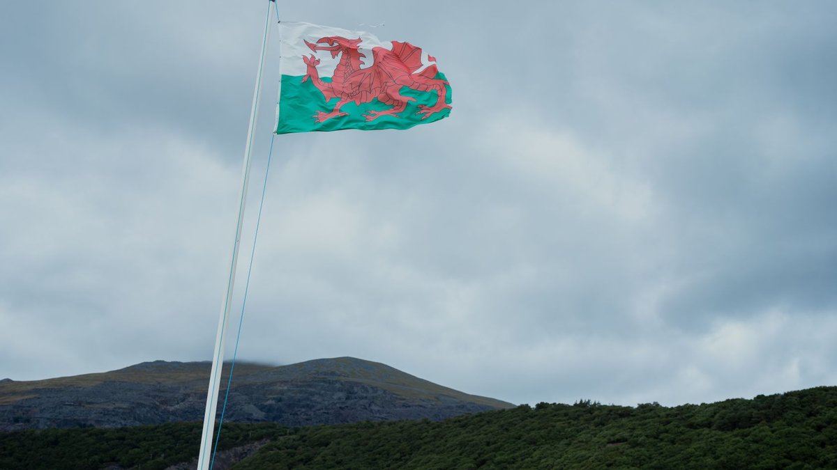 The Welsh flag fluttering in a cloudy sky over a lush green landscape in Wales.