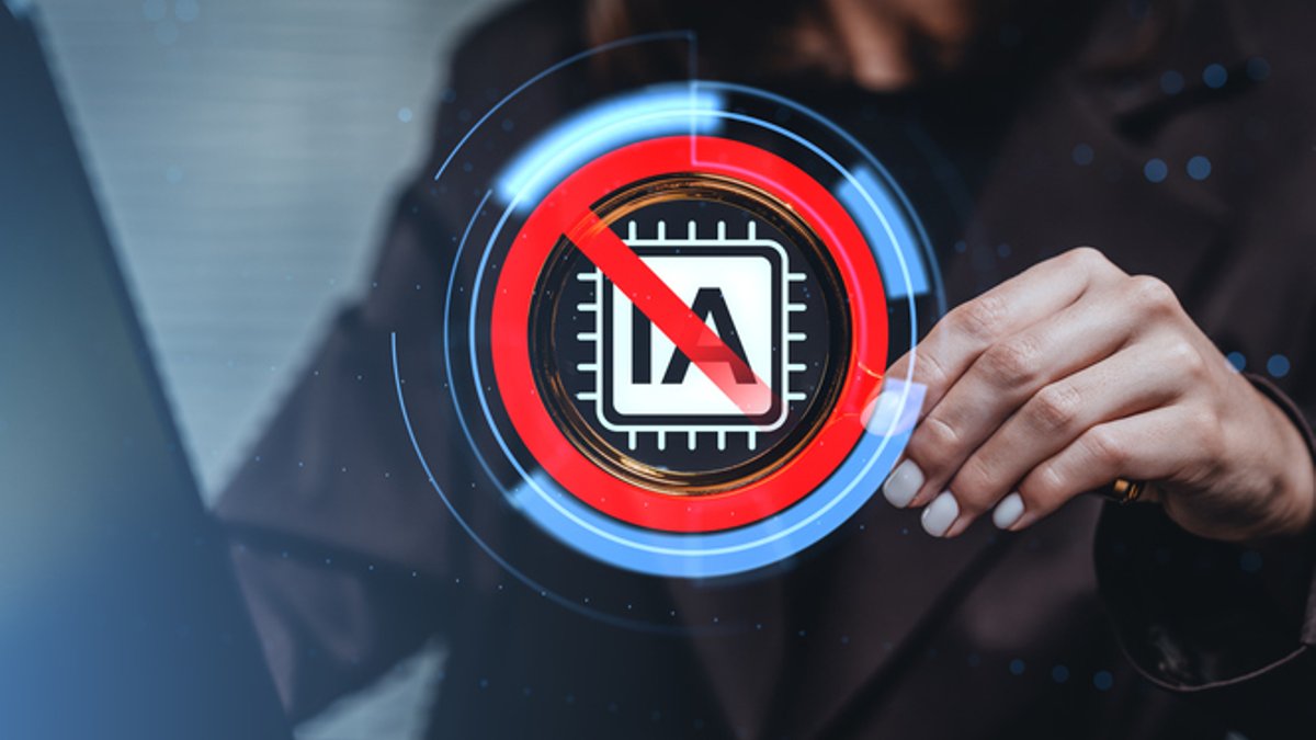 Workplace AI Use Outpaces Corporate Approval Processes Woman holding AI prohibition icon in a futuristic digital style on a blurred office background, symbolizing a technology ban