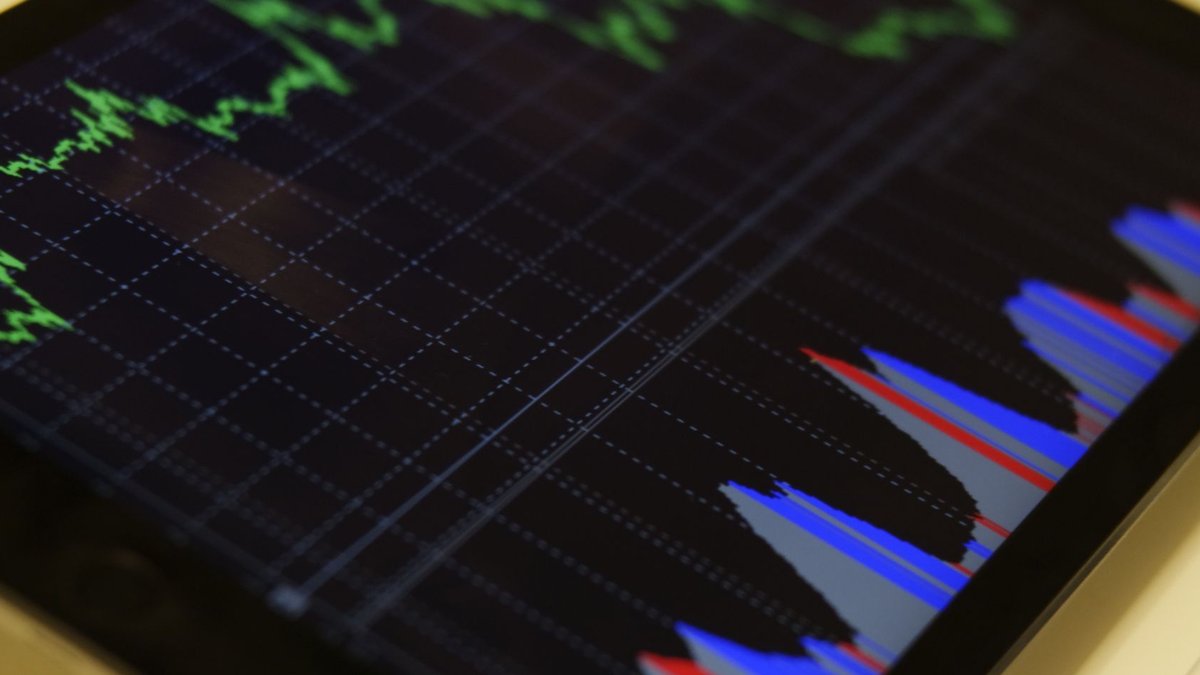Close-up of a tablet displaying stock market analysis with colorful graphs.