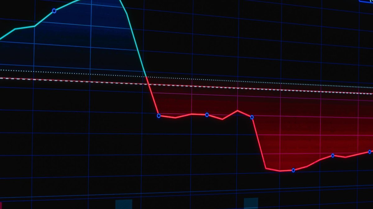 Colorful stock market graph displaying trend lines and data points on a dark background.