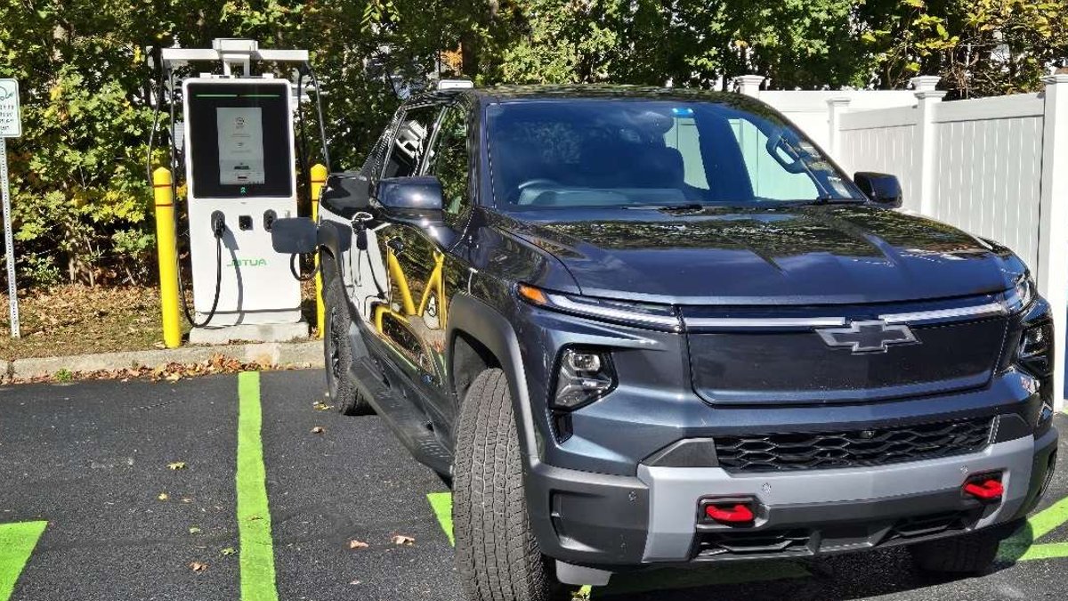 A 2026 Chevy Silverado Trailboss EV slowly adds back range using a DC charger from Autel.
