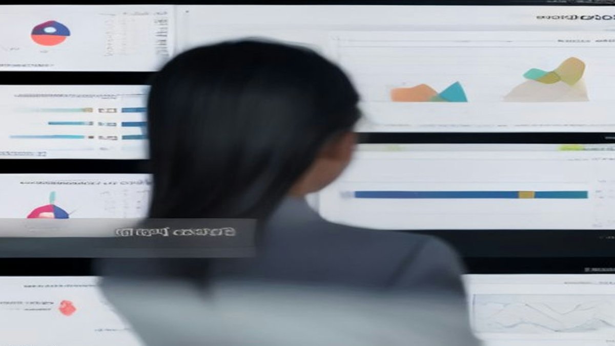 Businesspeople reviewing AI dashboard.