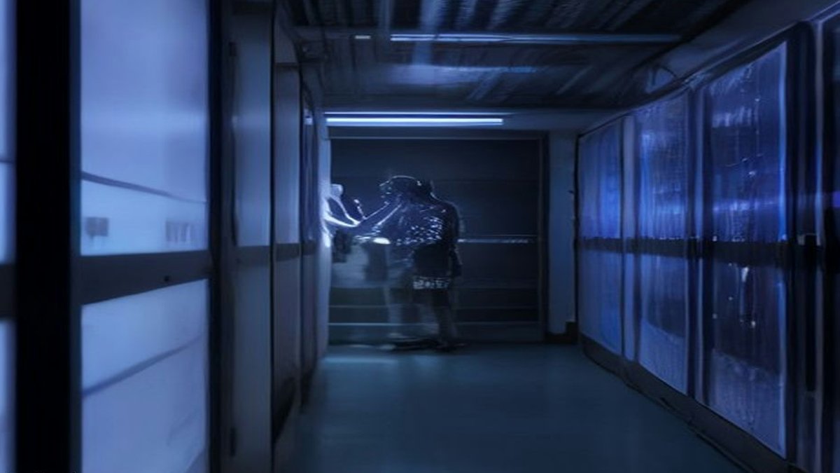 AI developer coding in server room.