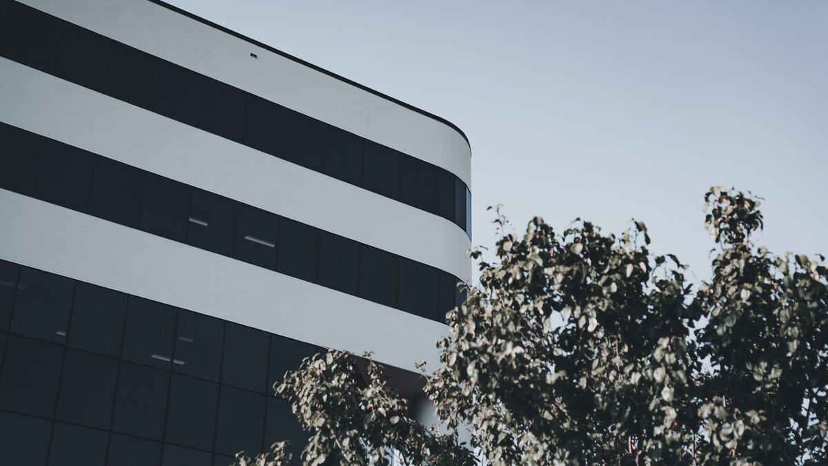 A sleek modern office building with black and white stripes and tree in the foreground.