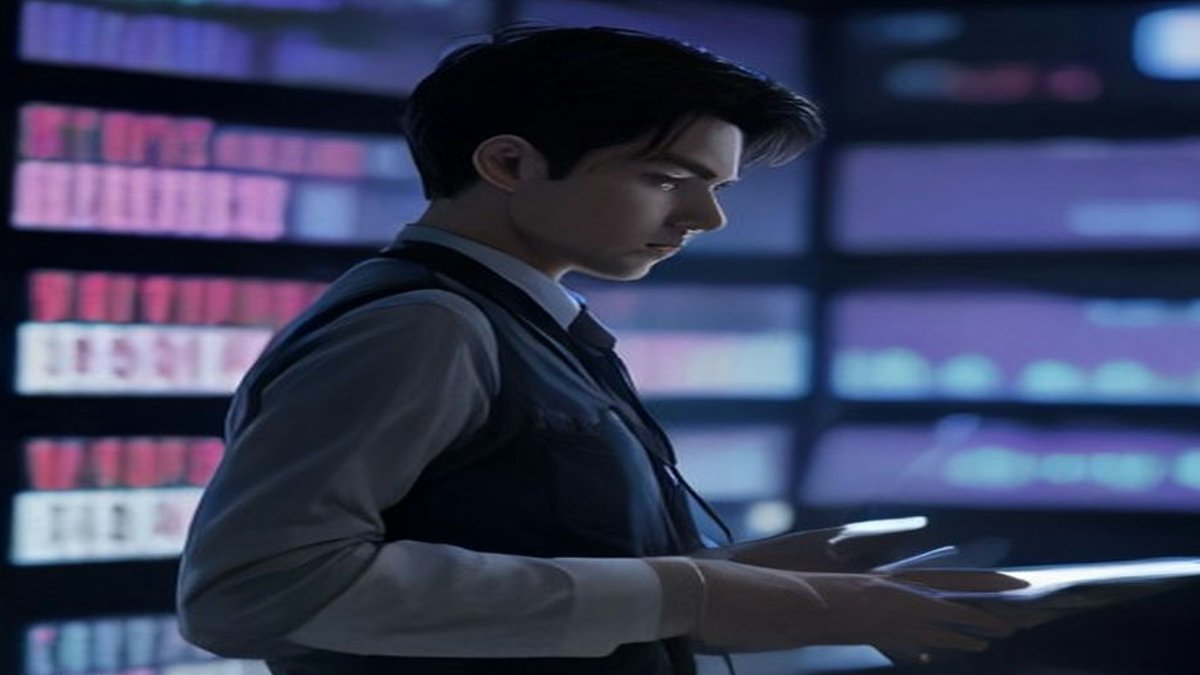 Trader examining stock ticker screen.