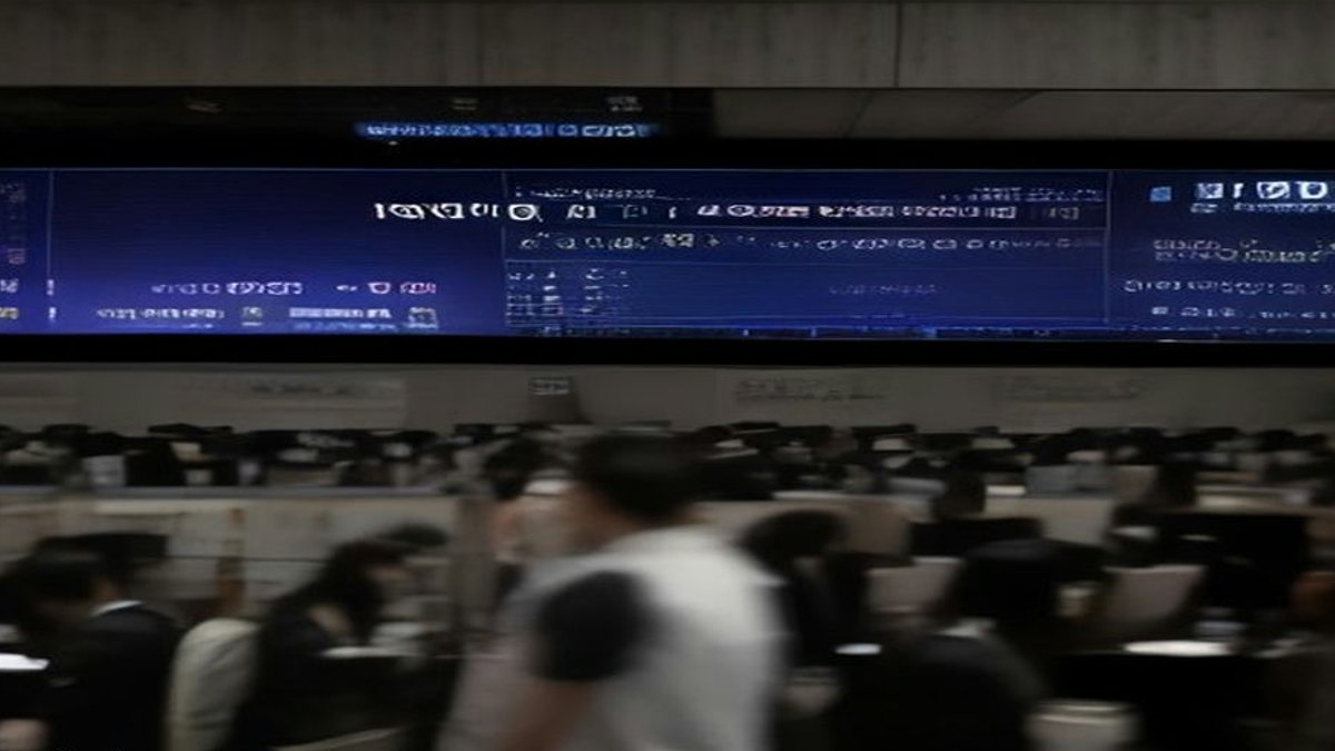 Stock exchange trading floor.