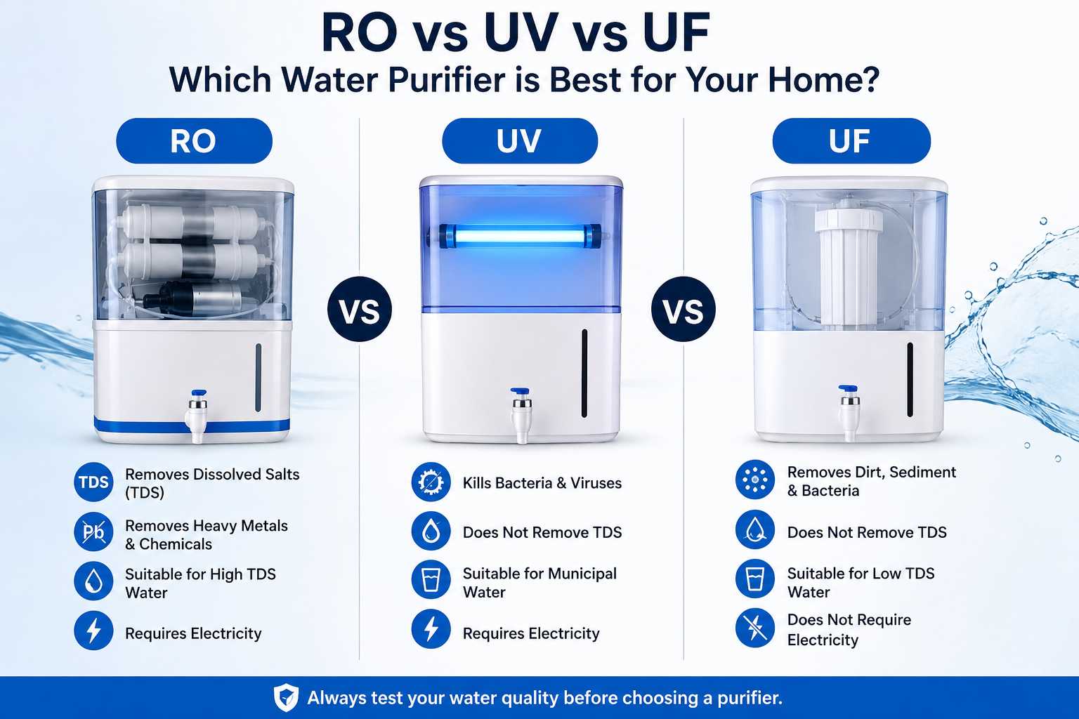 RO vs UV vs UF Water Purifier: Complete Comparison Guide (2026)