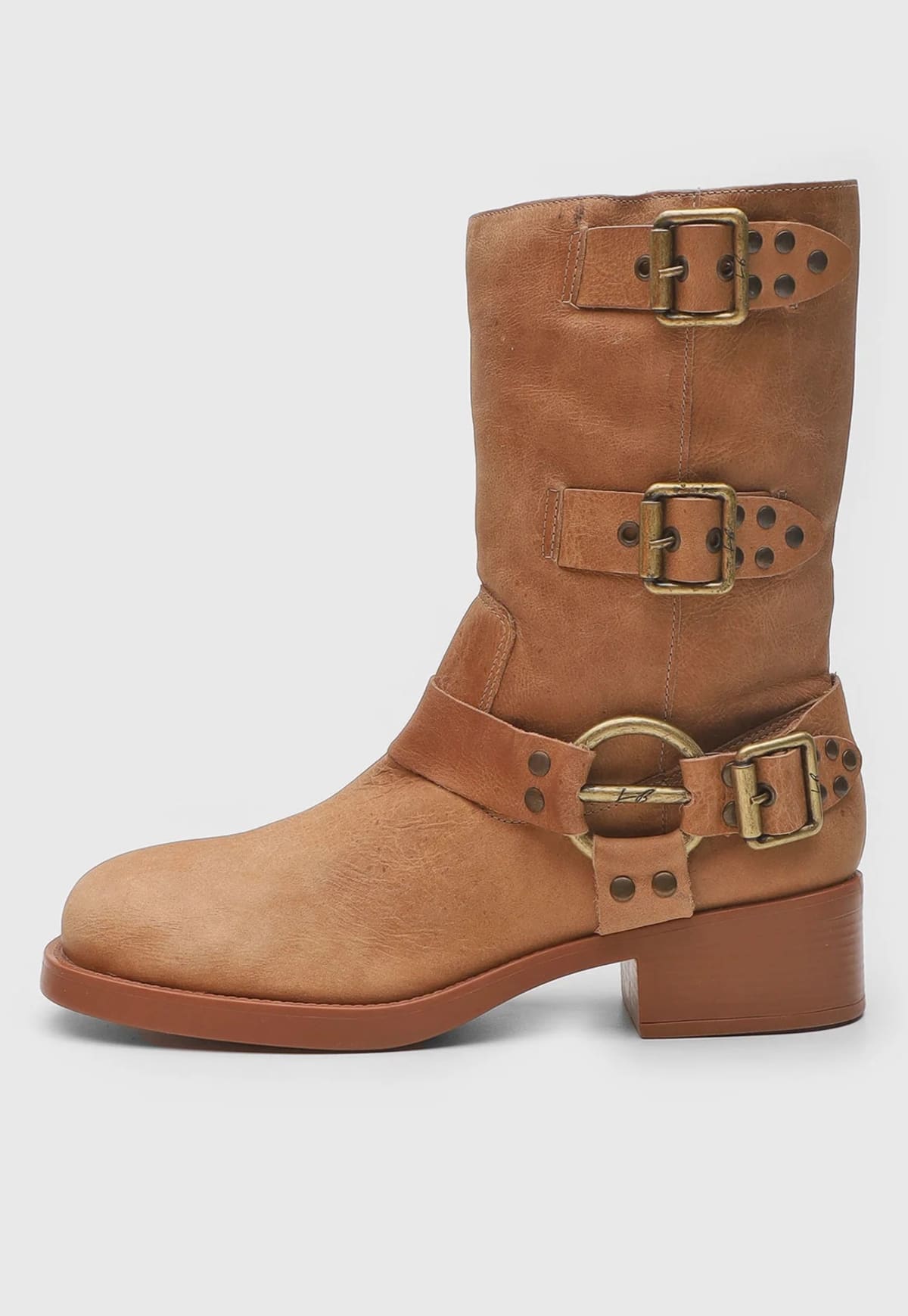 Bota Biker em Couro Caramelo