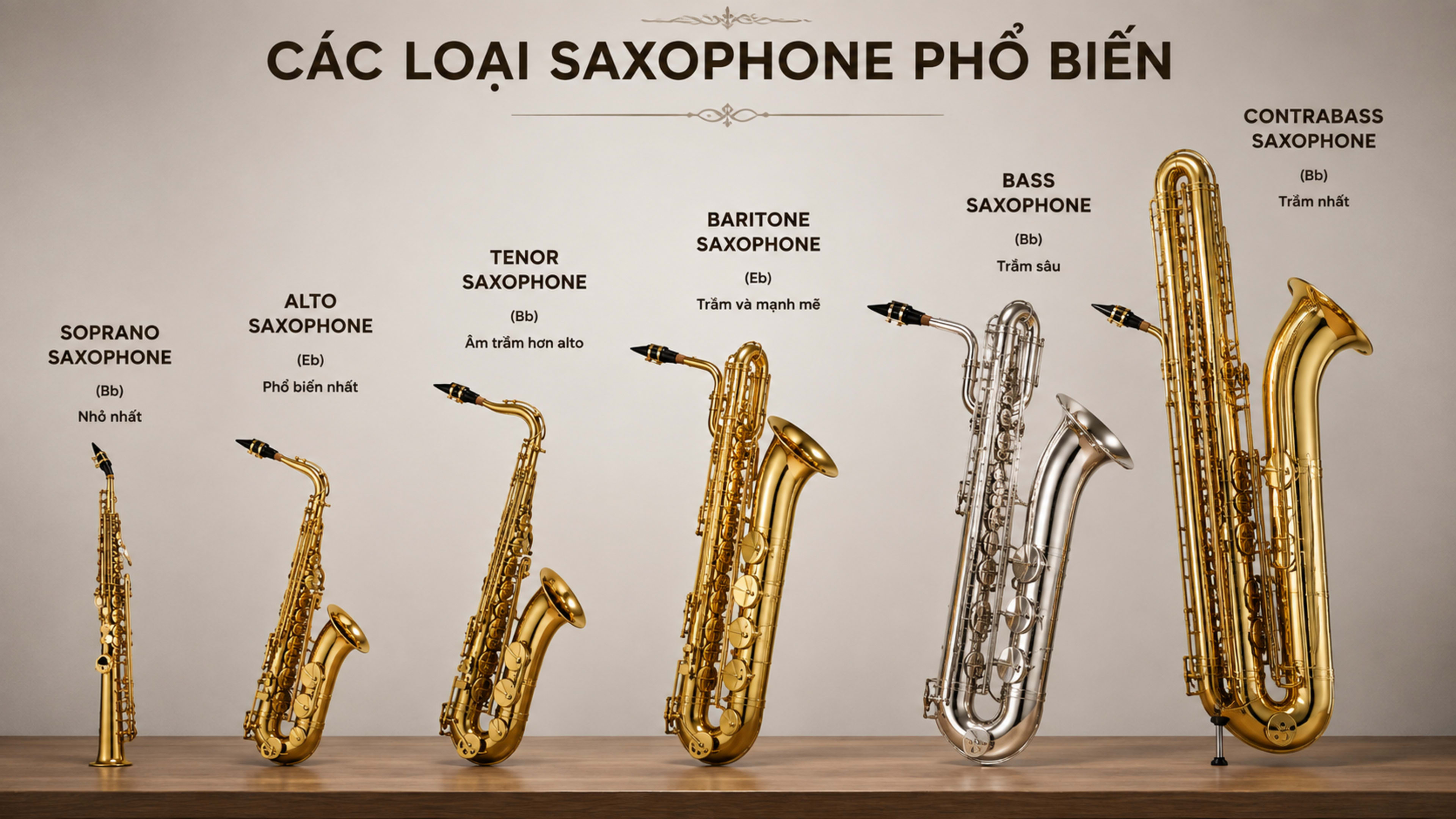 Các loại saxophone phổ biến: Soprano, Alto, Tenor, Baritone