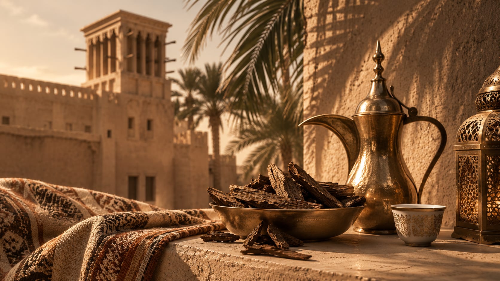 UAE heritage — Arabian geometric pattern and gold detailing, Oud Aura brand philosophy