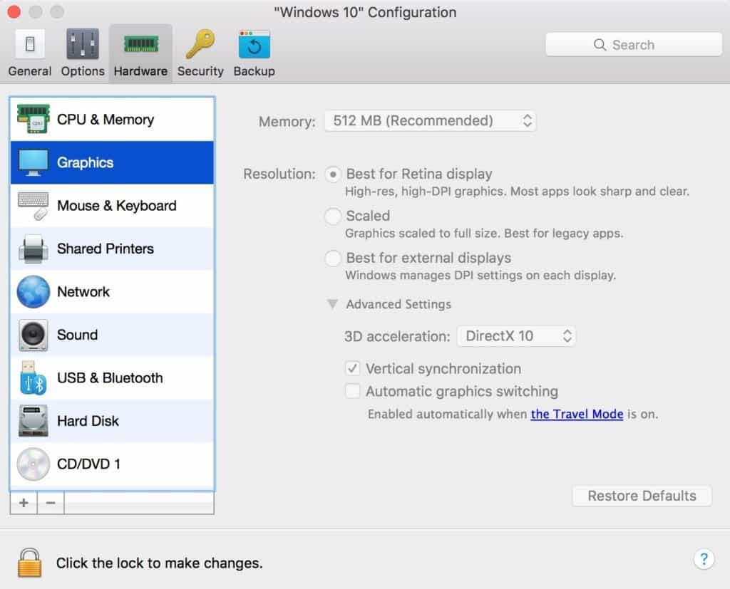 solidworks su mac - impostazioni di windows 10 directx