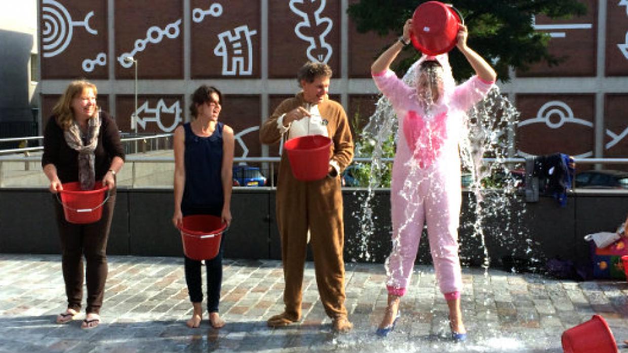 Extra geld voor Ice Bucket Challenge in roze konijnenpak