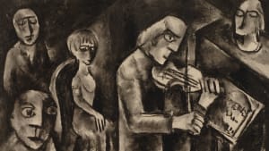 Drawing by Bob Hanf, depicting a violinist during a house concert at the home of Alexander Schmuller.
