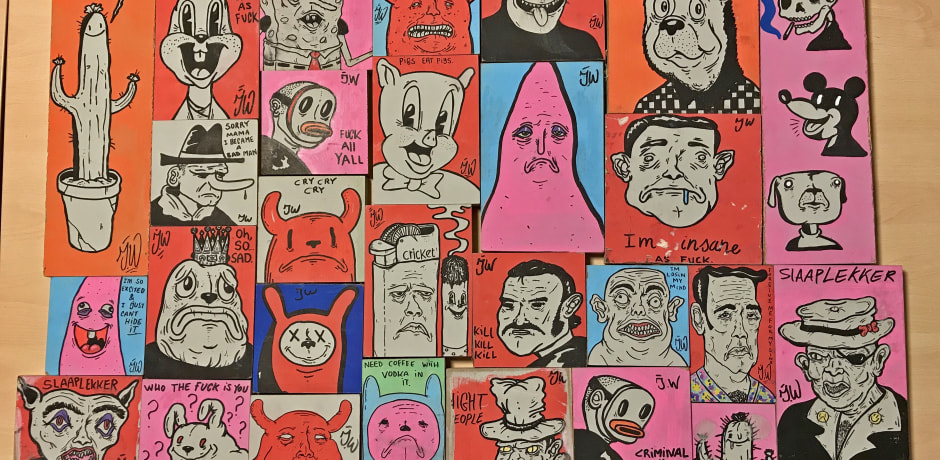 Kunstwerken van JW die bij de Roeterseilandcampus door de UvA van de muur zijn gehaald de afgelopen maanden.