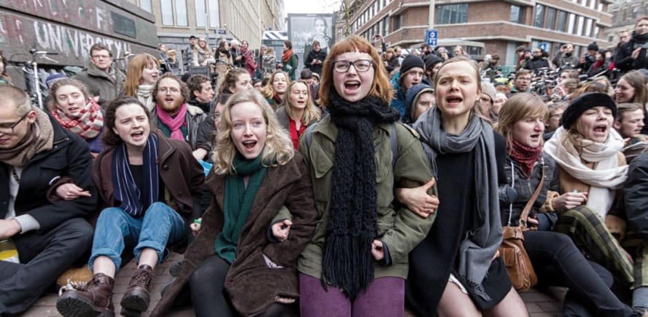 Amsterdamse studenten tijdens een studentenprotest