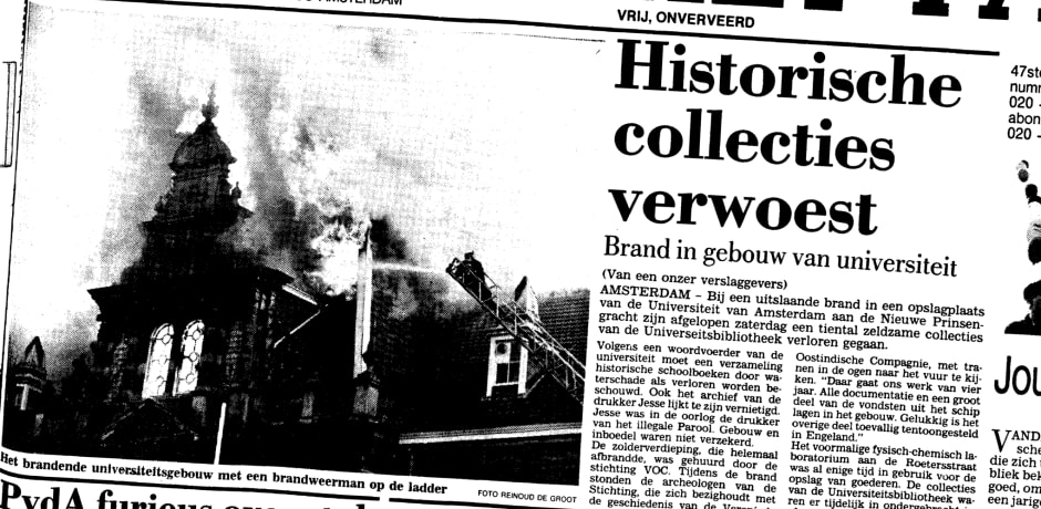 De berichtgeving op de voorpagina van Het Parool op 9 november 1987, de maandag na de brand