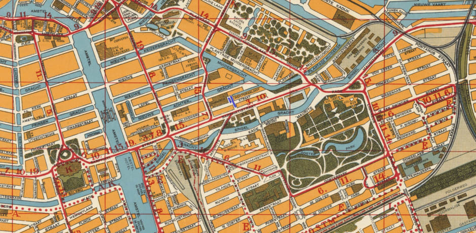 Uitsnede van een plattegrond van Amsterdam eind jaren dertig. De Pancrasstraat is blauw gemarkeerd