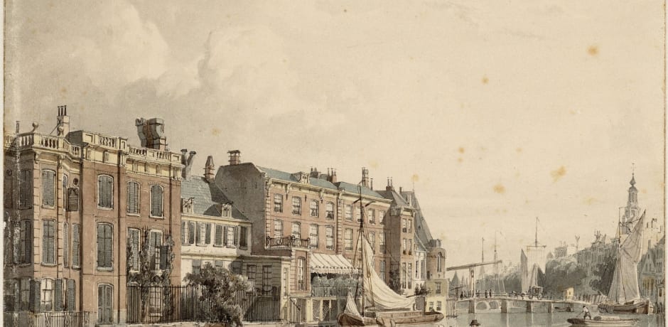 The rear of Nieuwe Doelenstraat from the Amstel River, 1848. It is believed that Rembrandt van Rijn lived in the white building.