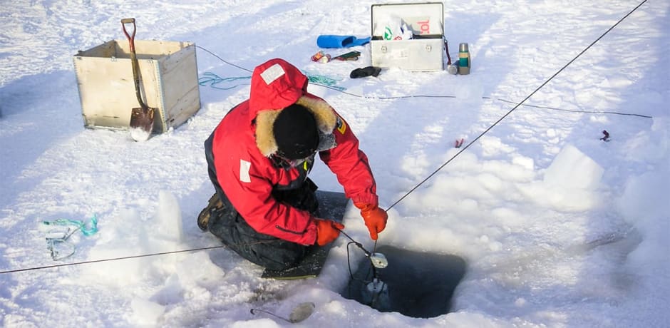 Metingen onder het zee-ijs door Deense collega’s op Groenland.