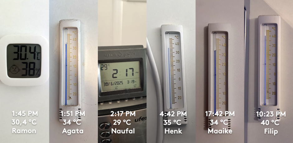 Temperatuur op studentenkamers met gesloten gordijnen op de Spinozacampus op dinsdag 1 juli. 