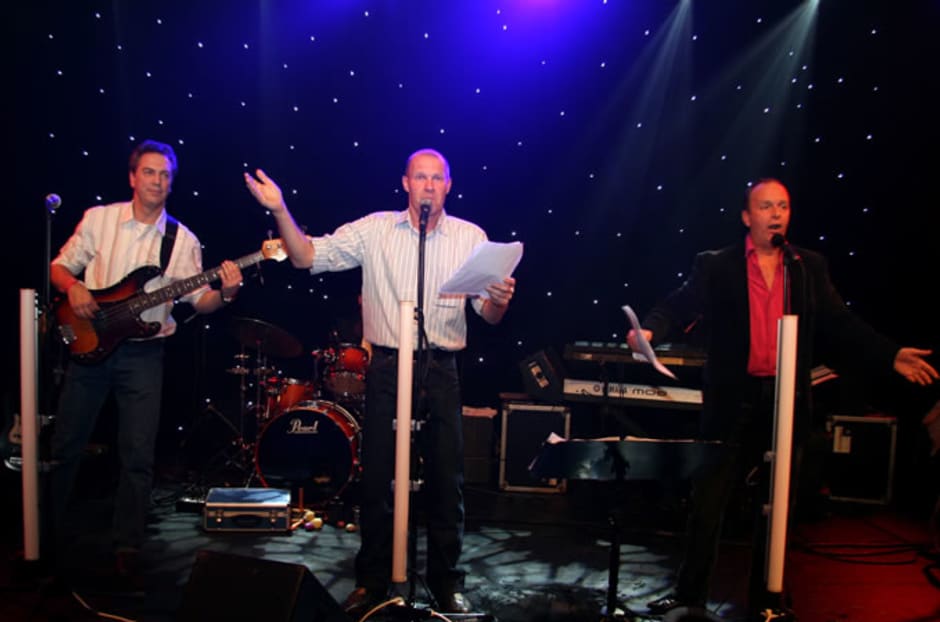 De HES-band tijdens het 40-jarig jubileum, v.l.n.r. Rob de Boer, Peter Sijm en Erik Fiechter