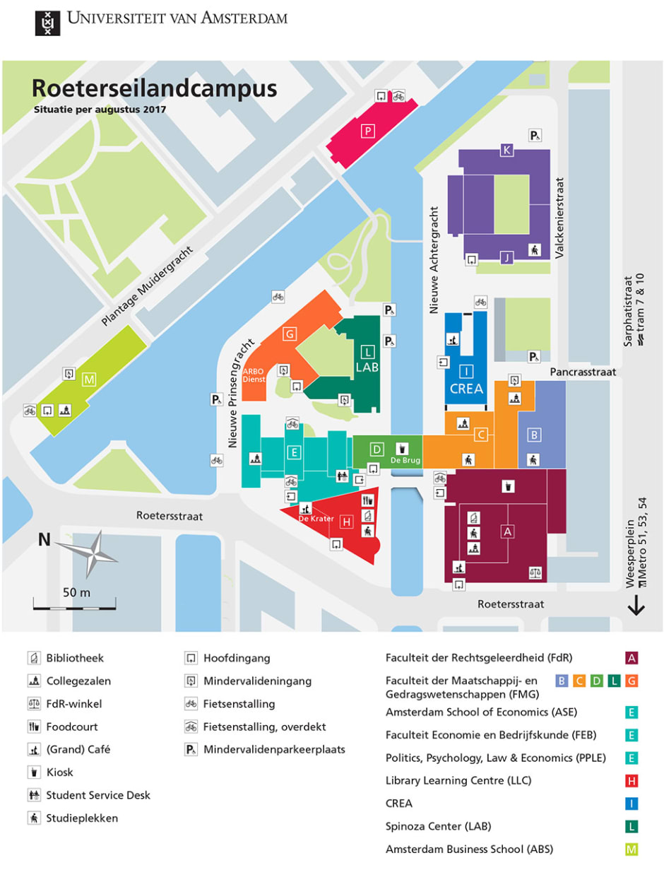 Een plattegrond van de Roeterseilandcampus. Waar is de F?