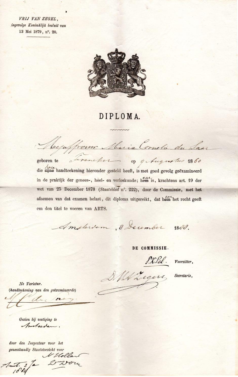 Marie du Saar&rsquo;s diploma. Diplomas for women did not yet exist. Masculine terms were crossed out and replaced with feminine ones.