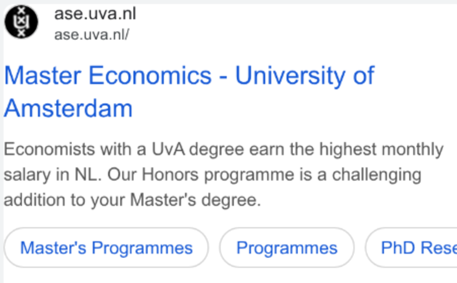 Example of a UvA ad on Google