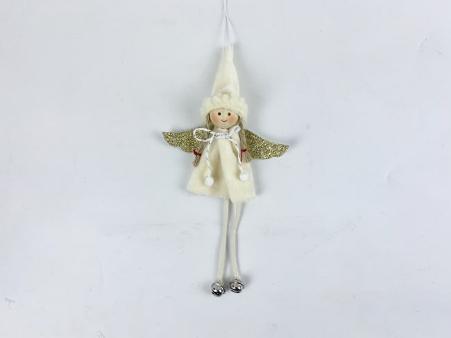 Hengepynt engel hvit m/gull vinger og bjeller 20 cm