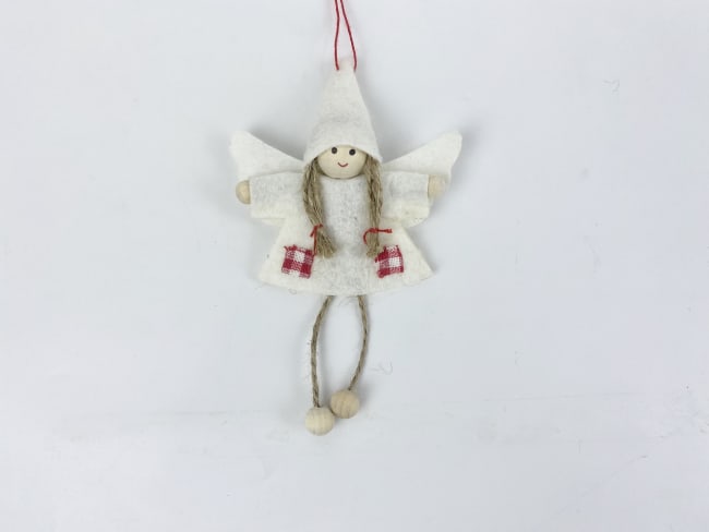 Hengepynt engel i filt hvit m/dinglebein 13 cm