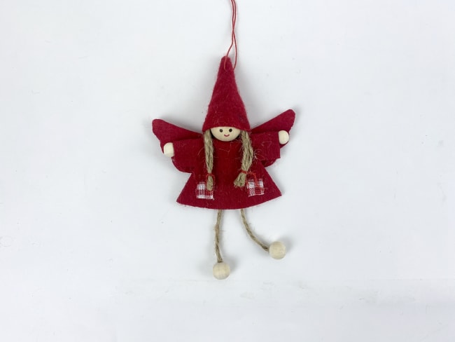 Hengepynt engel i filt rød m/dinglebein 13cm