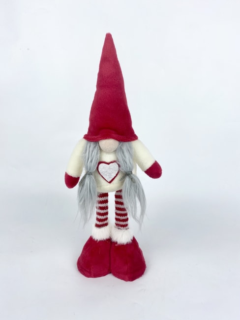 Nissekona stående m/rød lue stripete bein 31 cm