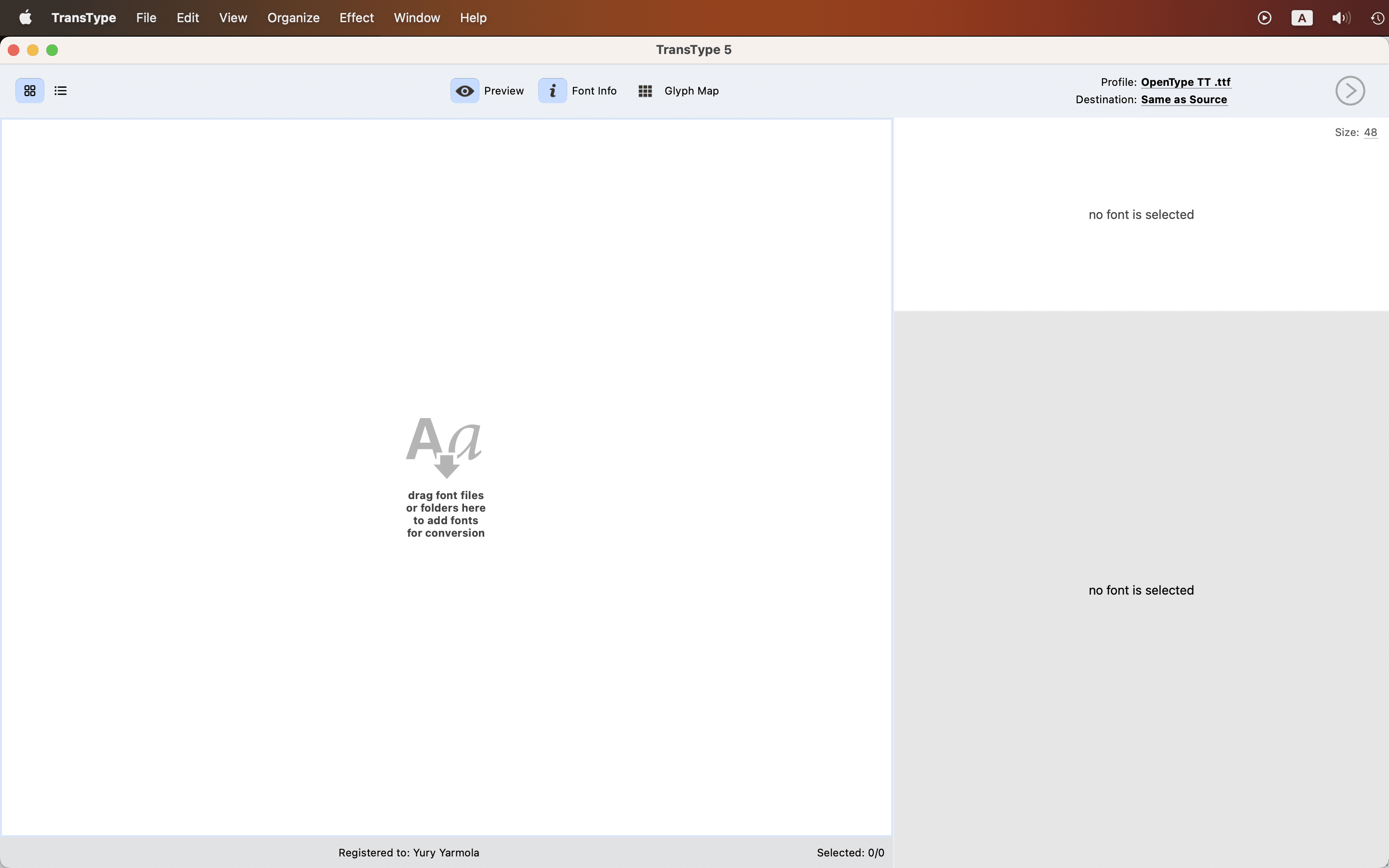 Drag-drop font files into the TransType window