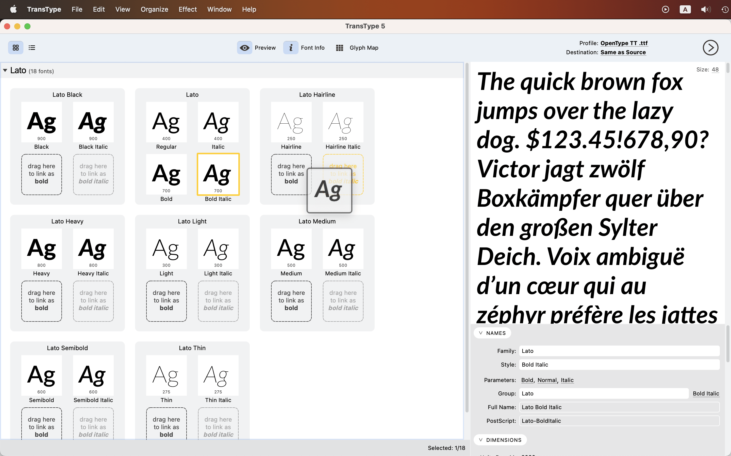 Drag-drop fonts within a styling group to set Bold and Italic style-linking