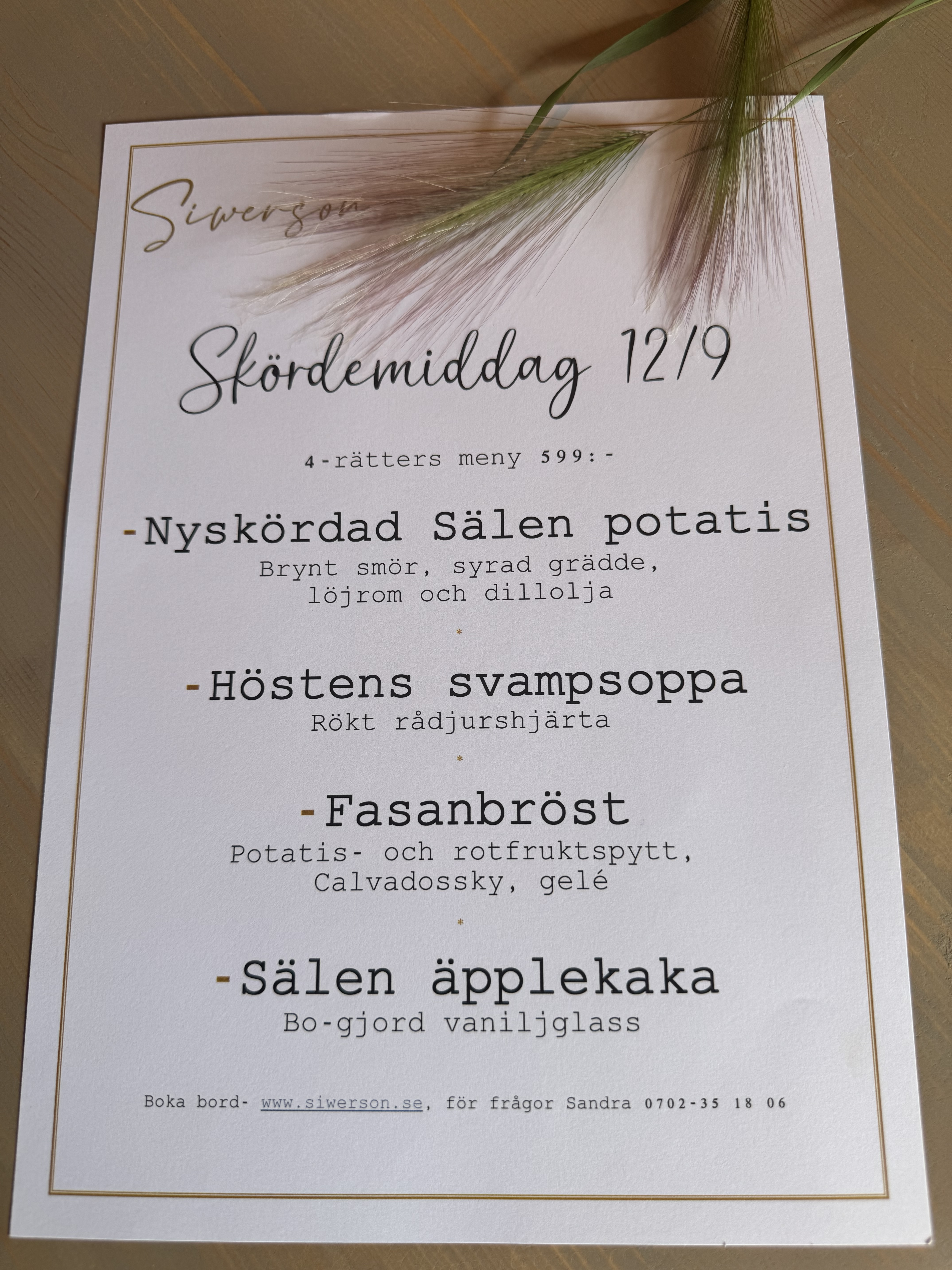 Skördemiddag¸ lördag 12:e september - Siwerson i Fågelboet
