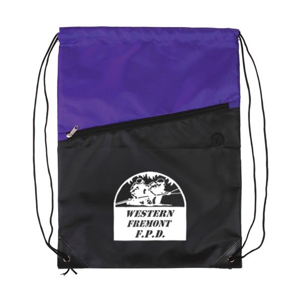 Two-Tone Logo Drawstring Backpack - Zippered Pocket ...